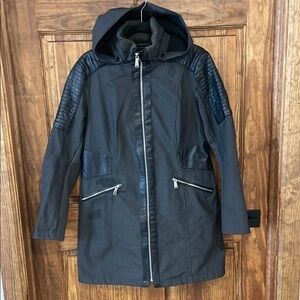 Black Hooded Coat with Leather Accents